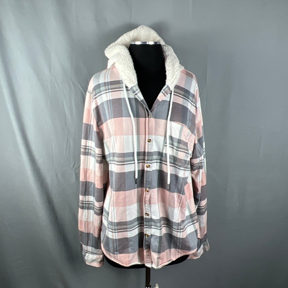 Love Potion Flannel Shirt Womens XL Multi Plaid Sherpa Lined Hooded Button Front